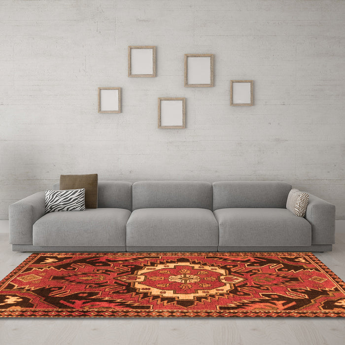 Machine Washable Medallion Orange Traditional Area Rugs in a Living Room, wshtr3786org