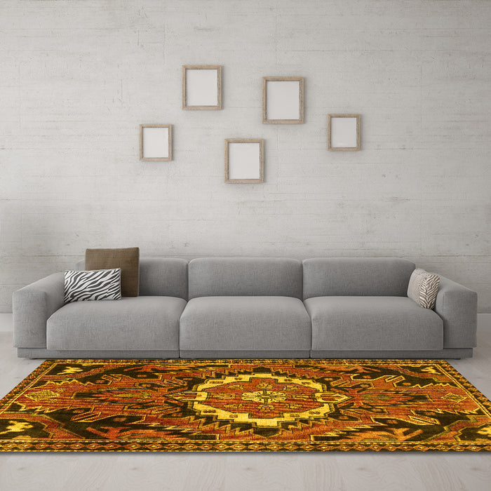 Machine Washable Medallion Yellow Traditional Rug in a Living Room, wshtr3786yw