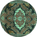 Round Machine Washable Medallion Turquoise Traditional Area Rugs, wshtr3786turq