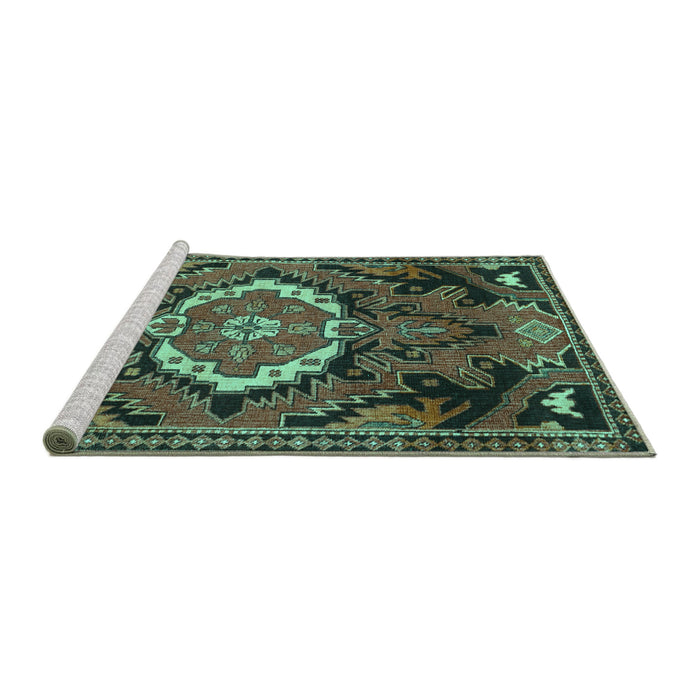Sideview of Machine Washable Medallion Turquoise Traditional Area Rugs, wshtr3786turq