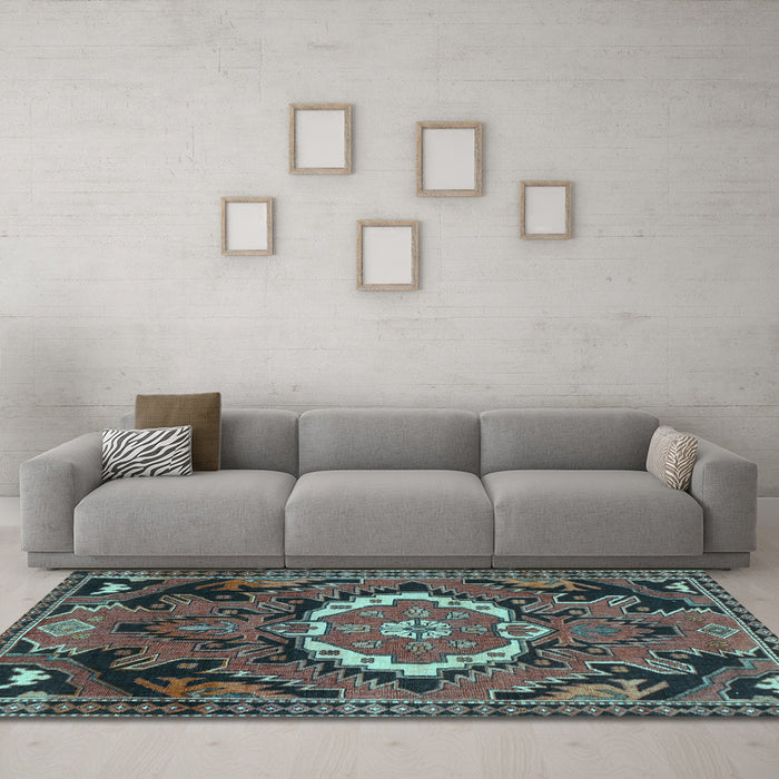 Machine Washable Medallion Light Blue Traditional Rug in a Living Room, wshtr3786lblu