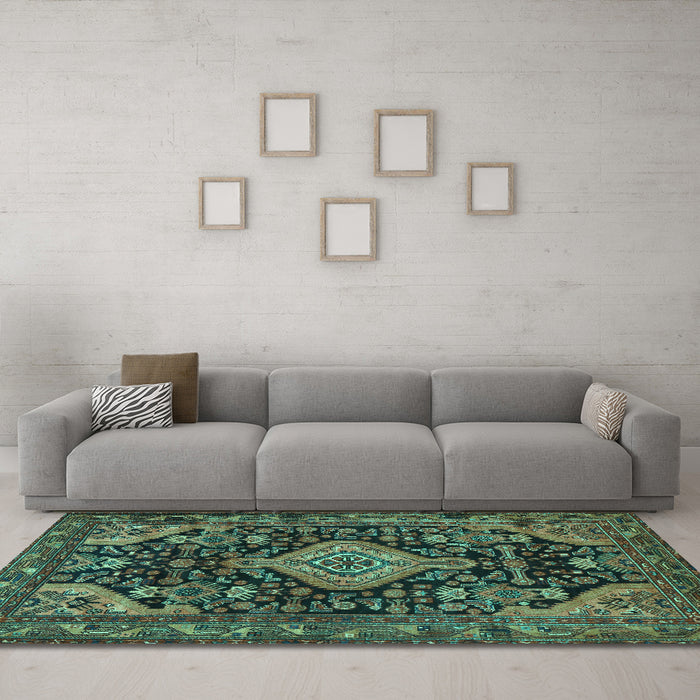 Machine Washable Persian Turquoise Traditional Area Rugs in a Living Room,, wshtr3787turq