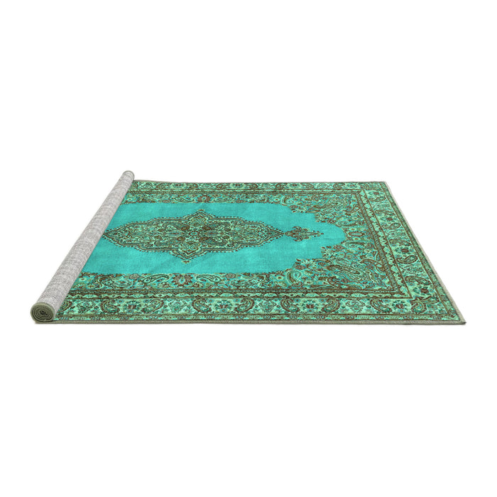 Sideview of Machine Washable Persian Turquoise Traditional Area Rugs, wshtr3788turq