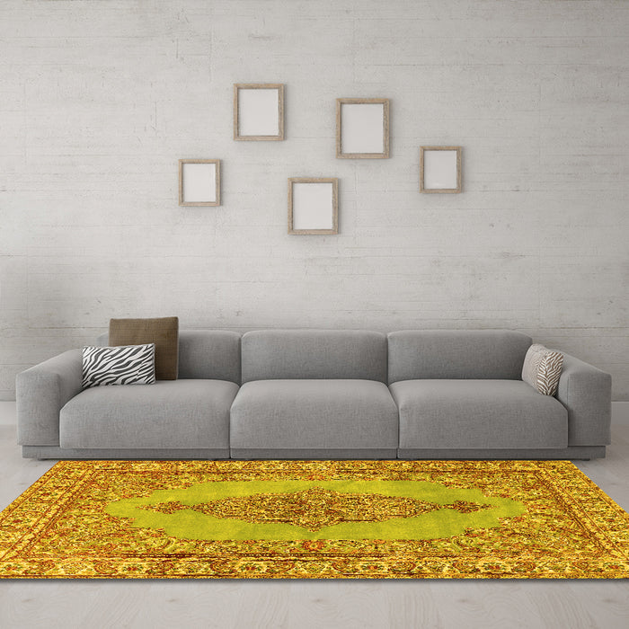 Machine Washable Persian Yellow Traditional Rug in a Living Room, wshtr3788yw