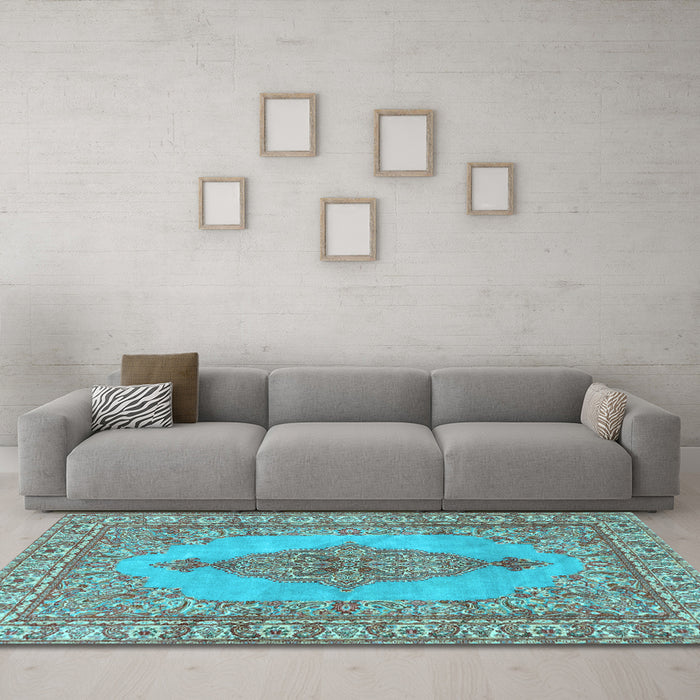 Machine Washable Persian Light Blue Traditional Rug in a Living Room, wshtr3788lblu