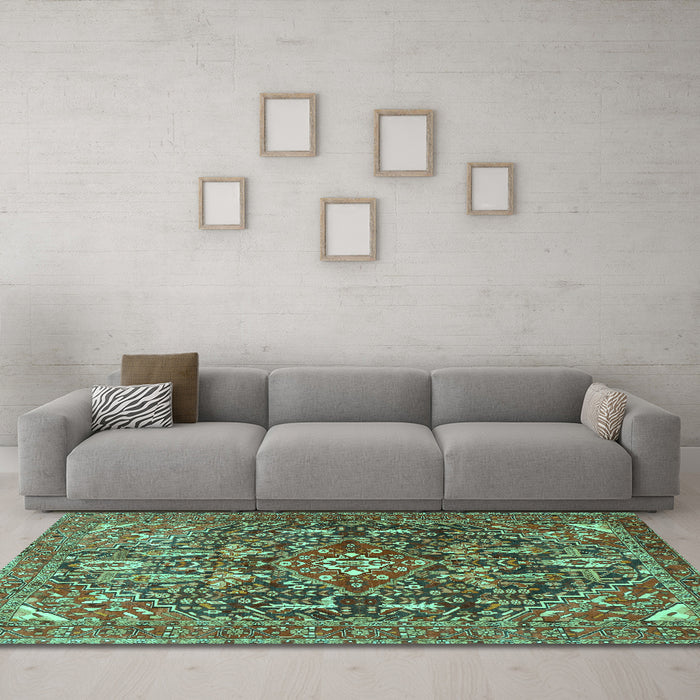 Machine Washable Persian Turquoise Traditional Area Rugs in a Living Room,, wshtr3789turq