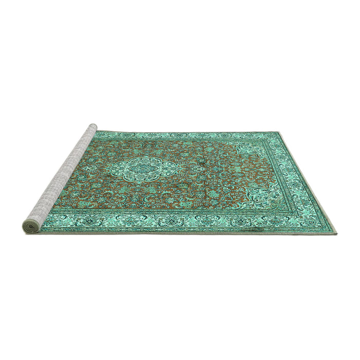 Sideview of Machine Washable Medallion Turquoise Traditional Area Rugs, wshtr378turq