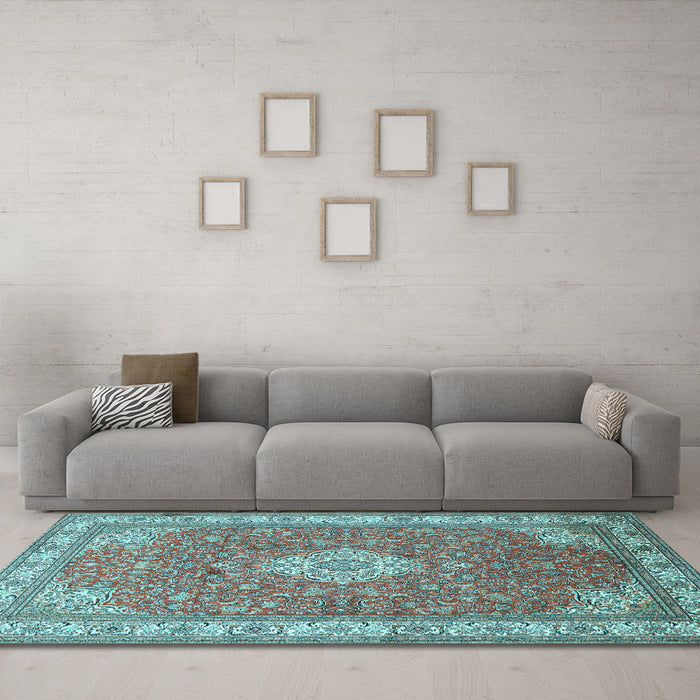 Machine Washable Medallion Light Blue Traditional Rug in a Living Room, wshtr378lblu