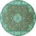 Round Machine Washable Medallion Turquoise Traditional Area Rugs, wshtr378turq