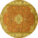 Round Machine Washable Medallion Yellow Traditional Rug, wshtr378yw