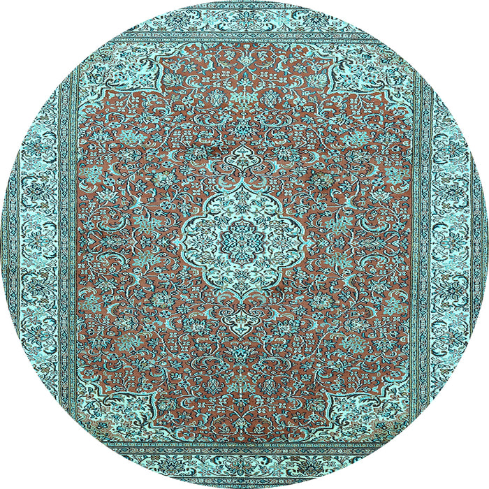 Round Machine Washable Medallion Light Blue Traditional Rug, wshtr378lblu