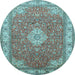 Round Machine Washable Medallion Light Blue Traditional Rug, wshtr378lblu