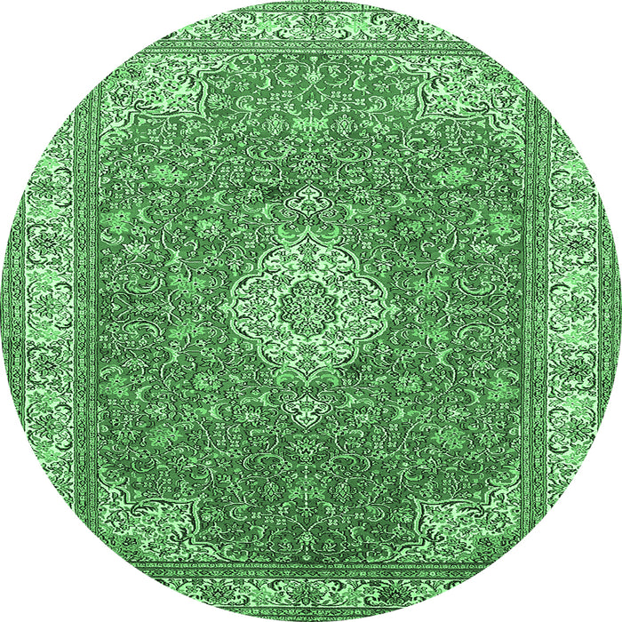 Round Machine Washable Medallion Emerald Green Traditional Area Rugs, wshtr378emgrn