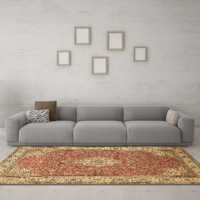 Machine Washable Medallion Brown Traditional Rug in a Living Room,, wshtr378brn