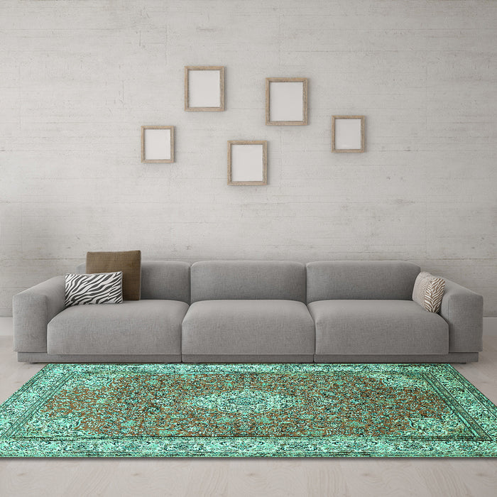 Machine Washable Medallion Turquoise Traditional Area Rugs in a Living Room,, wshtr378turq