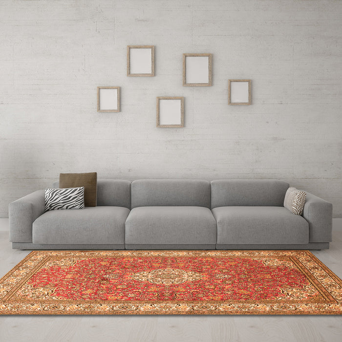Machine Washable Medallion Orange Traditional Area Rugs in a Living Room, wshtr378org