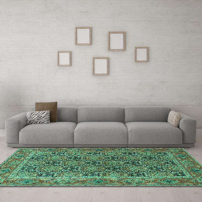 Machine Washable Persian Turquoise Traditional Area Rugs in a Living Room,, wshtr3790turq