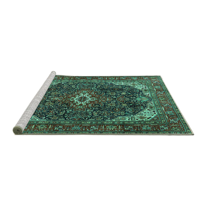 Sideview of Machine Washable Medallion Turquoise Traditional Area Rugs, wshtr3792turq