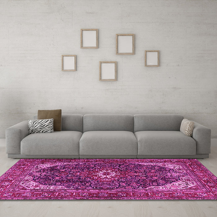 Machine Washable Medallion Pink Traditional Rug in a Living Room, wshtr3792pnk