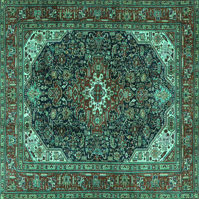 Square Machine Washable Medallion Turquoise Traditional Area Rugs, wshtr3792turq