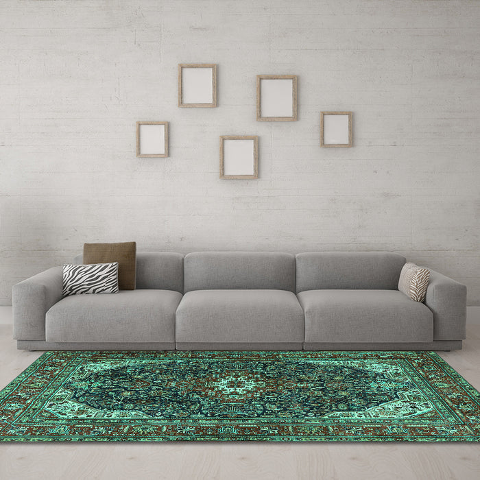 Machine Washable Medallion Turquoise Traditional Area Rugs in a Living Room,, wshtr3792turq