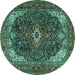 Round Machine Washable Medallion Turquoise Traditional Area Rugs, wshtr3792turq