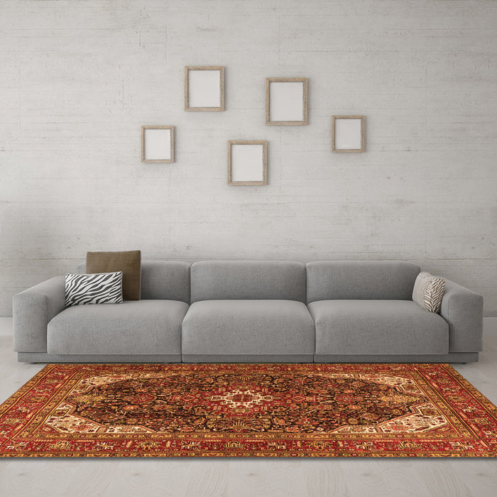 Machine Washable Medallion Orange Traditional Area Rugs in a Living Room, wshtr3792org