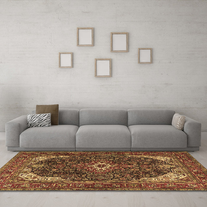 Machine Washable Medallion Brown Traditional Rug in a Living Room,, wshtr3792brn