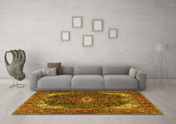 Machine Washable Medallion Yellow Traditional Rug in a Living Room, wshtr3792yw