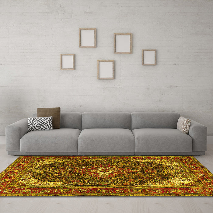 Machine Washable Medallion Yellow Traditional Rug in a Living Room, wshtr3792yw
