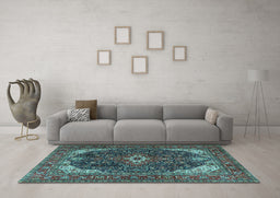 Machine Washable Medallion Light Blue Traditional Rug in a Living Room, wshtr3792lblu
