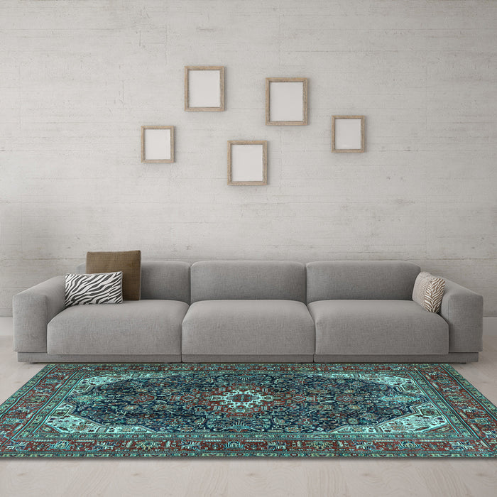 Machine Washable Medallion Light Blue Traditional Rug in a Living Room, wshtr3792lblu