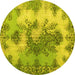 Round Machine Washable Medallion Yellow Traditional Rug, wshtr3793yw