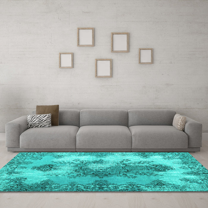 Machine Washable Medallion Turquoise Traditional Area Rugs in a Living Room,, wshtr3793turq