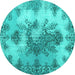 Round Machine Washable Medallion Turquoise Traditional Area Rugs, wshtr3793turq