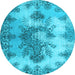 Round Machine Washable Medallion Light Blue Traditional Rug, wshtr3793lblu