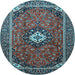 Round Machine Washable Medallion Light Blue Traditional Rug, wshtr3794lblu