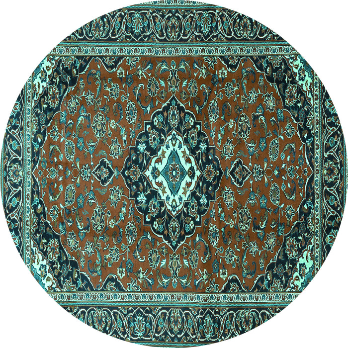 Round Machine Washable Medallion Turquoise Traditional Area Rugs, wshtr3794turq