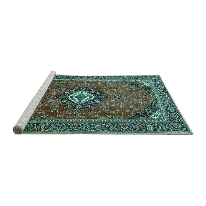 Sideview of Machine Washable Medallion Turquoise Traditional Area Rugs, wshtr3794turq