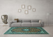 Machine Washable Medallion Turquoise Traditional Area Rugs in a Living Room,, wshtr3794turq