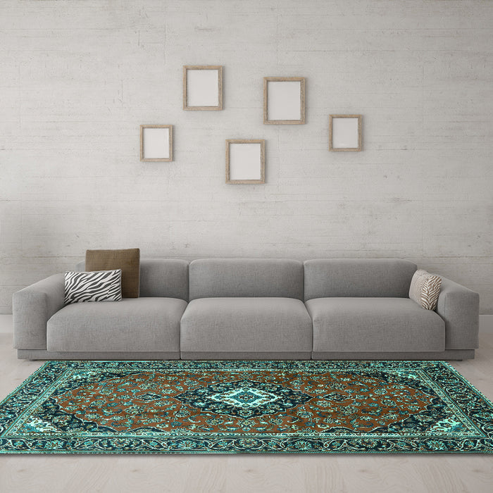 Machine Washable Medallion Turquoise Traditional Area Rugs in a Living Room,, wshtr3794turq