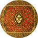 Round Machine Washable Medallion Yellow Traditional Rug, wshtr3794yw