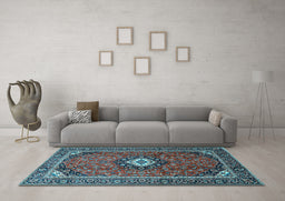 Machine Washable Medallion Light Blue Traditional Rug in a Living Room, wshtr3794lblu