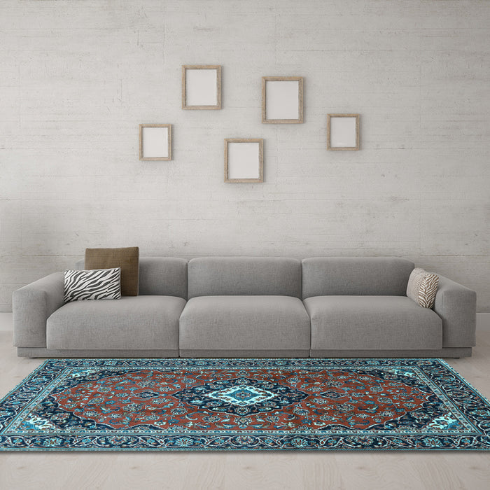 Machine Washable Medallion Light Blue Traditional Rug in a Living Room, wshtr3794lblu