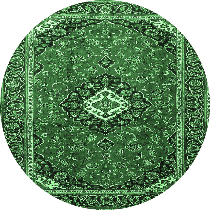 Round Machine Washable Medallion Emerald Green Traditional Area Rugs, wshtr3794emgrn