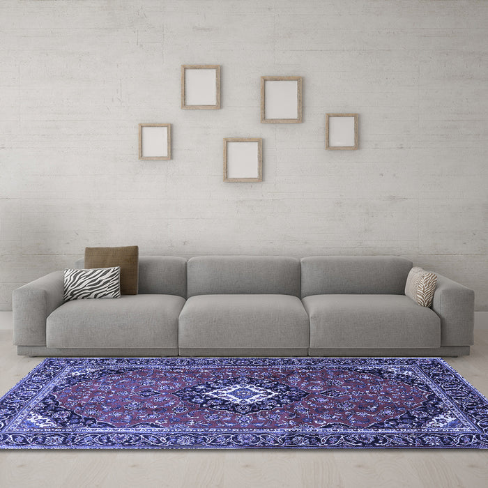Machine Washable Medallion Blue Traditional Rug in a Living Room, wshtr3794blu