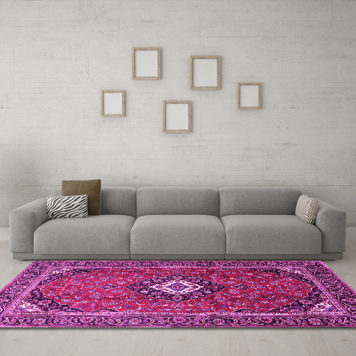 Machine Washable Medallion Pink Traditional Rug in a Living Room, wshtr3794pnk