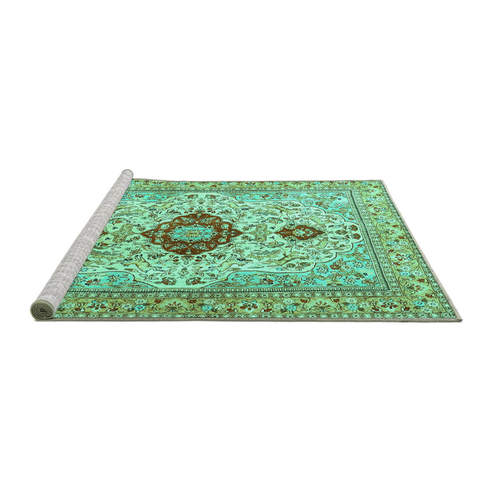 Sideview of Machine Washable Persian Turquoise Traditional Area Rugs, wshtr3796turq