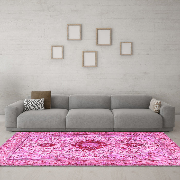 Machine Washable Persian Pink Traditional Rug in a Living Room, wshtr3796pnk