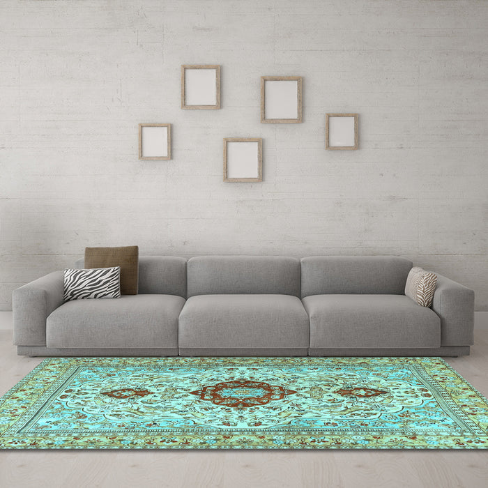 Machine Washable Persian Light Blue Traditional Rug in a Living Room, wshtr3796lblu